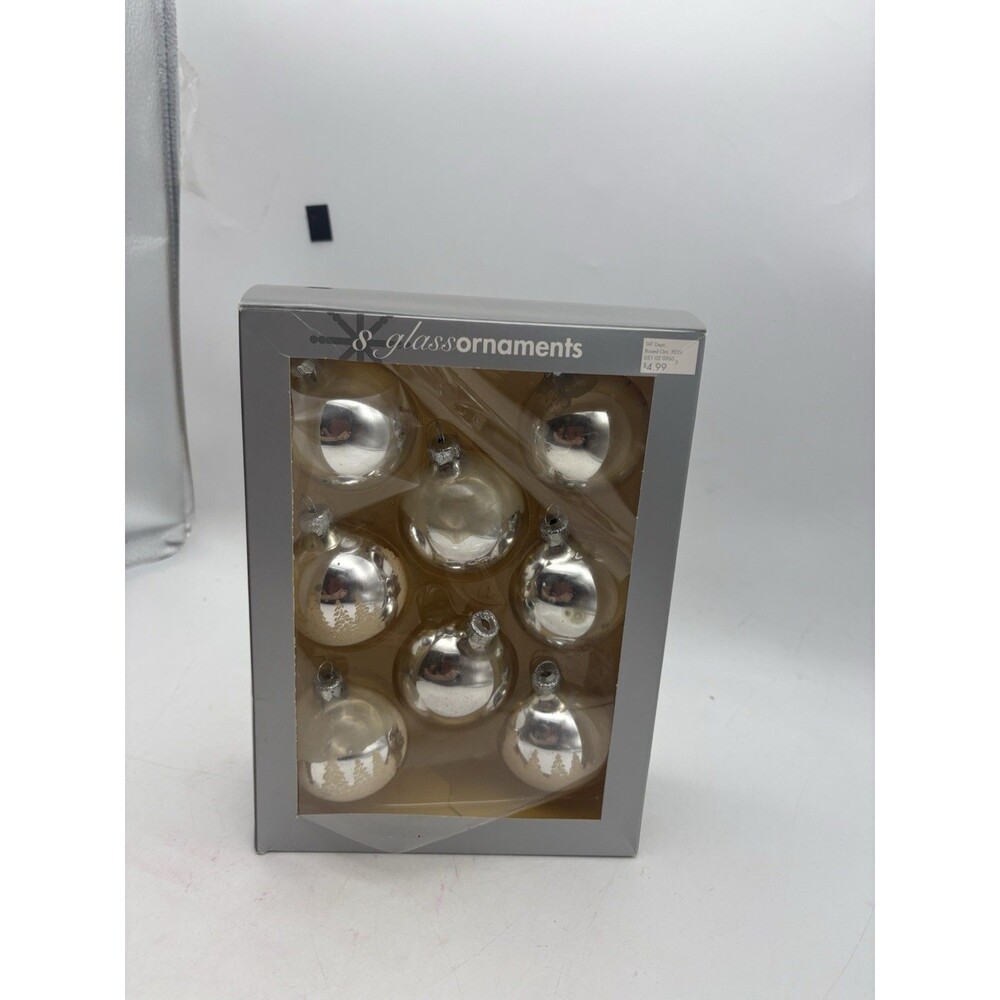 Silver Glass Christmas Ball Ornaments Snowy Tree Scene Set of 7 Boxed